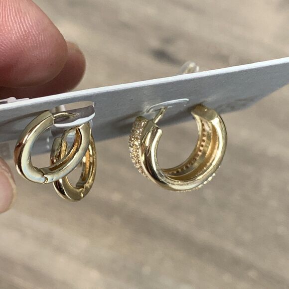Nordstrom Cubic Zirconia Nickel Free 2 Pairs Huggie Hoop Stud Earrings Gold - Picture 6 of 6